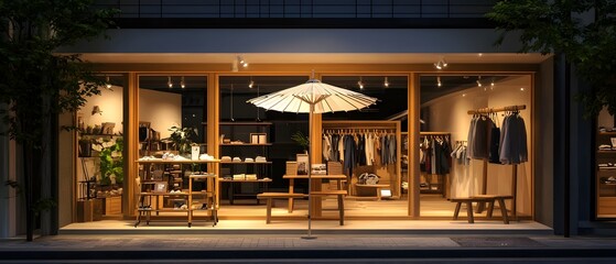 Weathered wooden racks for merchandise displays positioned in front of a retail store with a white umbrella hanging from the side of the building  The scene is illuminated by contemporary