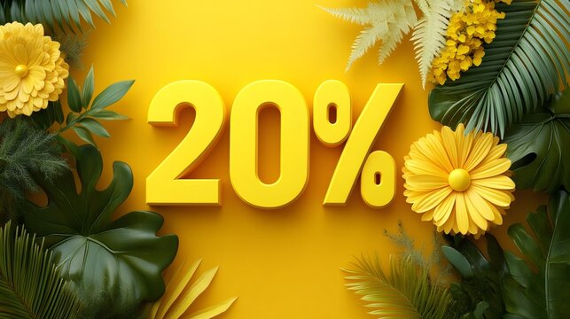Large yellow 20 percent discount sign surrounded by tropical plants and flowers on yellow background