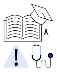 Open book with graduation cap symbolizes education, stethoscope highlights healthcare, and caution sign warns of critical issues. Ideal for learning, medicine, safety, guidance, responsibility