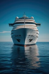 Naklejka premium Large white cruise ship sailing on deep blue ocean waters, providing vacation and marine tourism experiences.