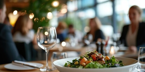 Business people enjoying a salad at a restaurant table during a dinner meeting, surrounded by wine glasses and a vibrant atmosphere.