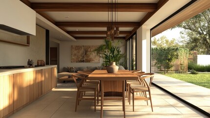 Wooden furniture in minimal dining room interior design