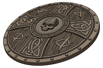 37 Bronze metallic shield, intricate ornate design, skull centerpiece, circular pattern, Celtic knotwork, ancient symbolism, detailed relief carving, medieval aesthetic, fantasy art, gothic emblem, my