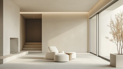 Modern Beige Living Room with Fireplace and Patio Views