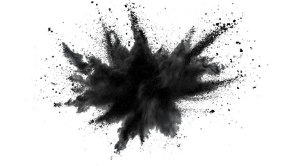 Black powder explosion on white background. Vector black dust explode. Paint holi. Black vibrant rainbow holi paint color powder explosion with bright colors isolated white background.	