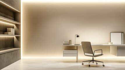 Modern Beige Office Workspace with Bookshelves