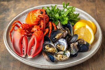 Red lobster, oysters and clams arranged on a plate for consumption.