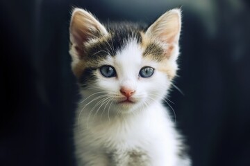 Close-up portrait of a blue-eyed calico kitten with white, black, and orange fur against a dark blurred background