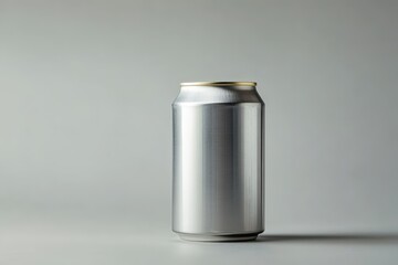 A single isolated metallic drink can is illuminated on gray