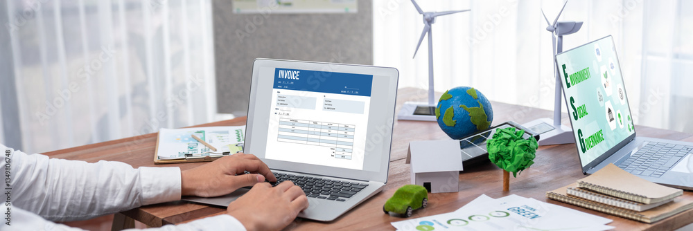 Poster invoice on computer screen from accounting application. computer program for financial and budget of