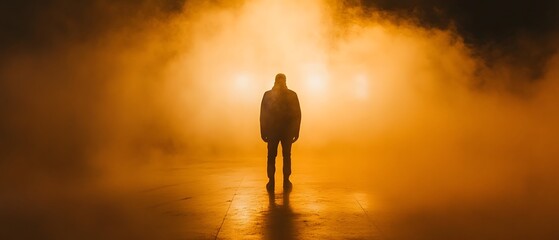 A solitary figure silhouetted against a moody atmospheric landscape surrounded by a mysterious eerie haze with dramatic cinematic lighting