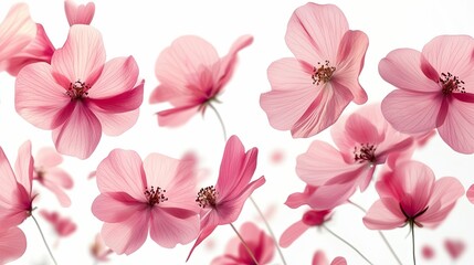 Flying pink flowers on a transparent background, gently drifting through the air, capturing a whimsical, peaceful aesthetic perfect for springtime, floral designs, or 
