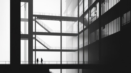 Industrial interior, people walking, structural beams, urban space, black and white