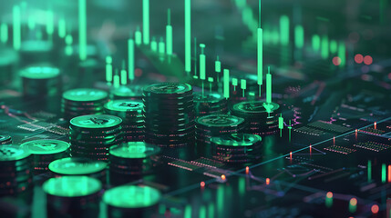 Growing money, finance and investment. Coins stack the growth comparative year 2024 to 2025 with a green success graph in 2025. business growth, profit,