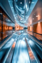 Fototapeta premium Modern escalator with metallic finish, surrounded by futuristic architecture.