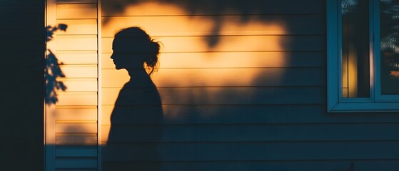 Dramatic silhouette of a woman s shadow reflected on the facade of a minimalist house captured in the soft atmospheric lighting of the evening