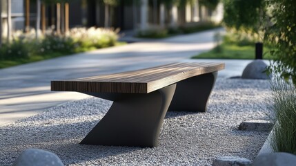 Modern bench in urban parkway setting
