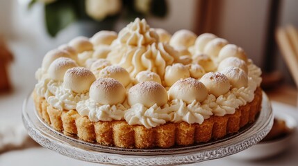 A tantalizing cheesecake with a layer of custard, topped with whipped cream and puff pastry.