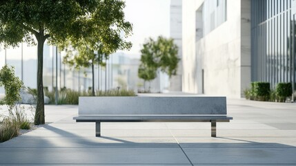 Modern bench in urban plaza, sunny morning