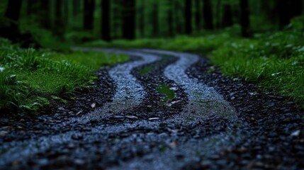 Winding forest path.  A meandering dirt road, wet and reflective, cuts through a lush green forest, disappearing into the shadowy depths. 