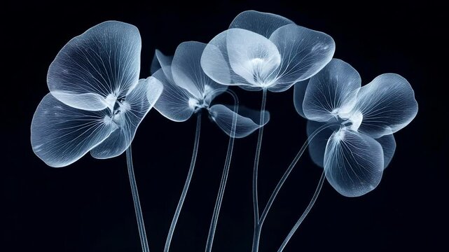 Seamless loop animation background of X-ray style translucent flowers glowing against a dark background
