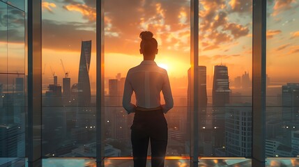 Fototapeta premium Urban Contemplation at Dusk: A Solitary Gaze Beyond the Gleaming Horizon
