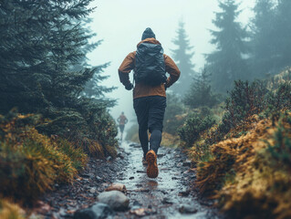 Fit runner navigates through dense fog in tranquil forest during early morning trail run
