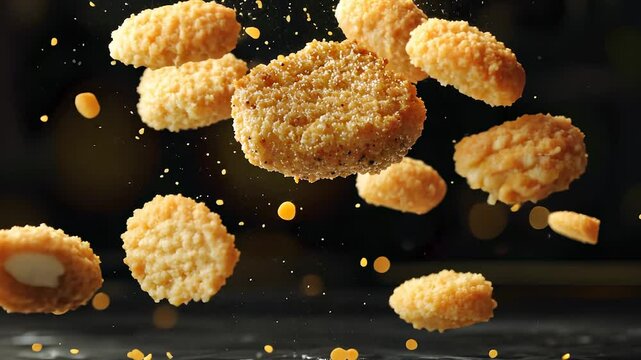 Several fried chicken pieces are floating in the air. Black and white chicken nuggets on a white background. A flight light glares at the crumbs. A number of fried chicken lifestyle pieces are.