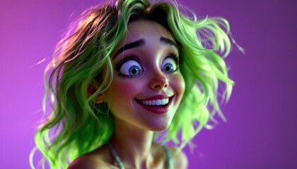 Naklejka premium Joyful Cartoon Girl Portrait with Green Hair