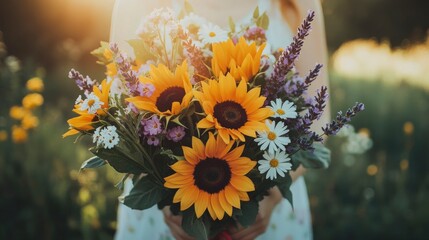 Woman holding a vibrant bouquet of sunflowers and wildflowers in a sunlit field during golden hour