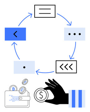 Circular diagram with arrow flow linking stages, digital wallet with coins, and hand holding a coin. Ideal for finance, cryptocurrency, blockchain, transactions, payment systems, process flow flat
