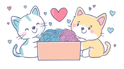 Cute cartoon cats sharing yarn balls in a box. Possible use Children's book illustration