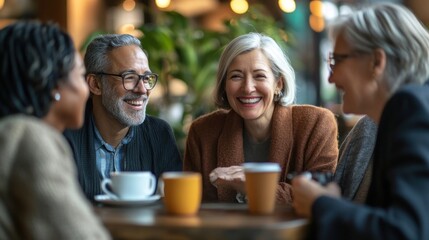 Happy seniors chatting over coffee in a cafe