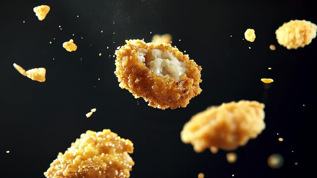 Several fried chicken pieces are floating in the air. Black and white chicken nuggets on a white background. A flight light glares at the crumbs. A number of fried lifestyle chicken pieces are.