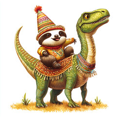 Obraz premium Cheerful sloth in festive attire enjoys a ride on a friendly dinosaur, celebrating in prehistoric style, Cinco De Mayo