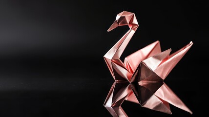 A beautifully crafted origami swan in metallic pink is poised gracefully on a reflective surface, set against a black background