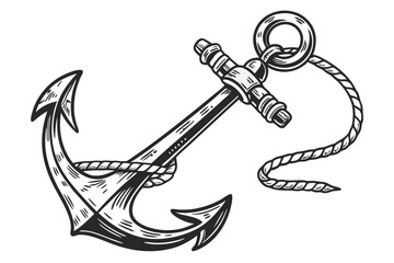 39 Vintage anchor illustration, detailed metallic texture, black and white, high contrast, weathered appearance, nautical symbol, heavy iron design, maritime emblem, intricate engraving style, antique