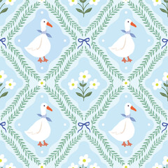 Spring and summer seamless pattern  with goose and flowers, vintage royal wallpaper, charming background