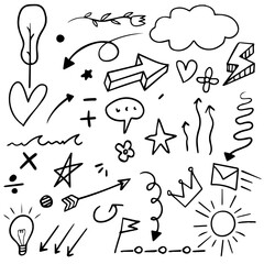 Hand drawn doodles black and white featuring various icons like hearts, stars, and musical notes. Vector cartoon illustration