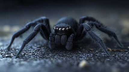 Close-up of a black jumping spider exploring a dark, textured surface