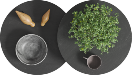 Top view of round black wooden coffee table set