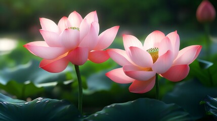 Obraz premium Two blooming pink lotus flowers emerging from dark green leaves