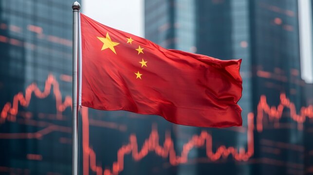 Chinese flag waving with stock market charts in background
