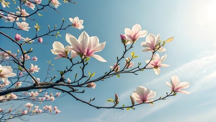 Closeup of magnolia tree blossom with blurred background and warm sunshine
