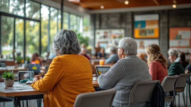 Seniors learning technology in a bright, modern community center