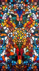 A colorful symmetrical mosaic displays varied shapes and stunning hues