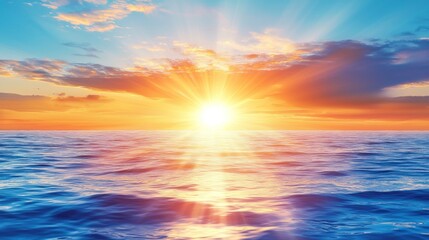 Majestic Ocean Sunset: A breathtaking view of the sun setting over the tranquil ocean waters