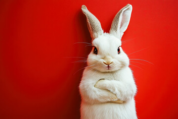 Obraz premium Confident White Rabbit on Red Background