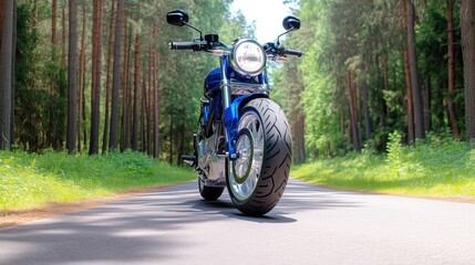 Obraz premium Blue motorcycle on a forest road