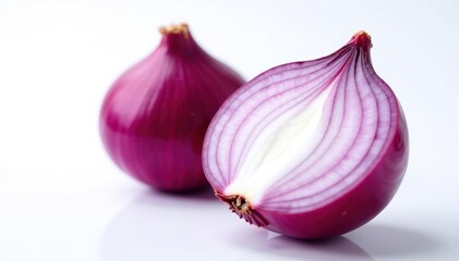 Close-up of red onion halves, showing layers, pure white backdrop, cross-section, organic, cut